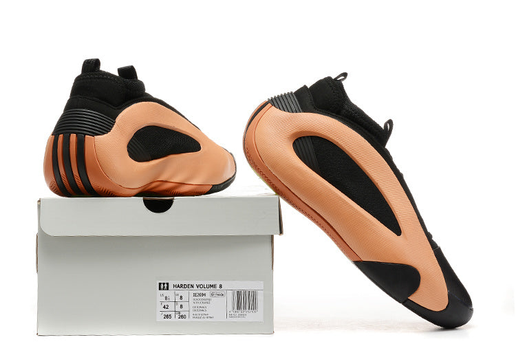 Black and peach-orange Adidas Harden Vol. 8 shoes shown with shoe box and outsole view