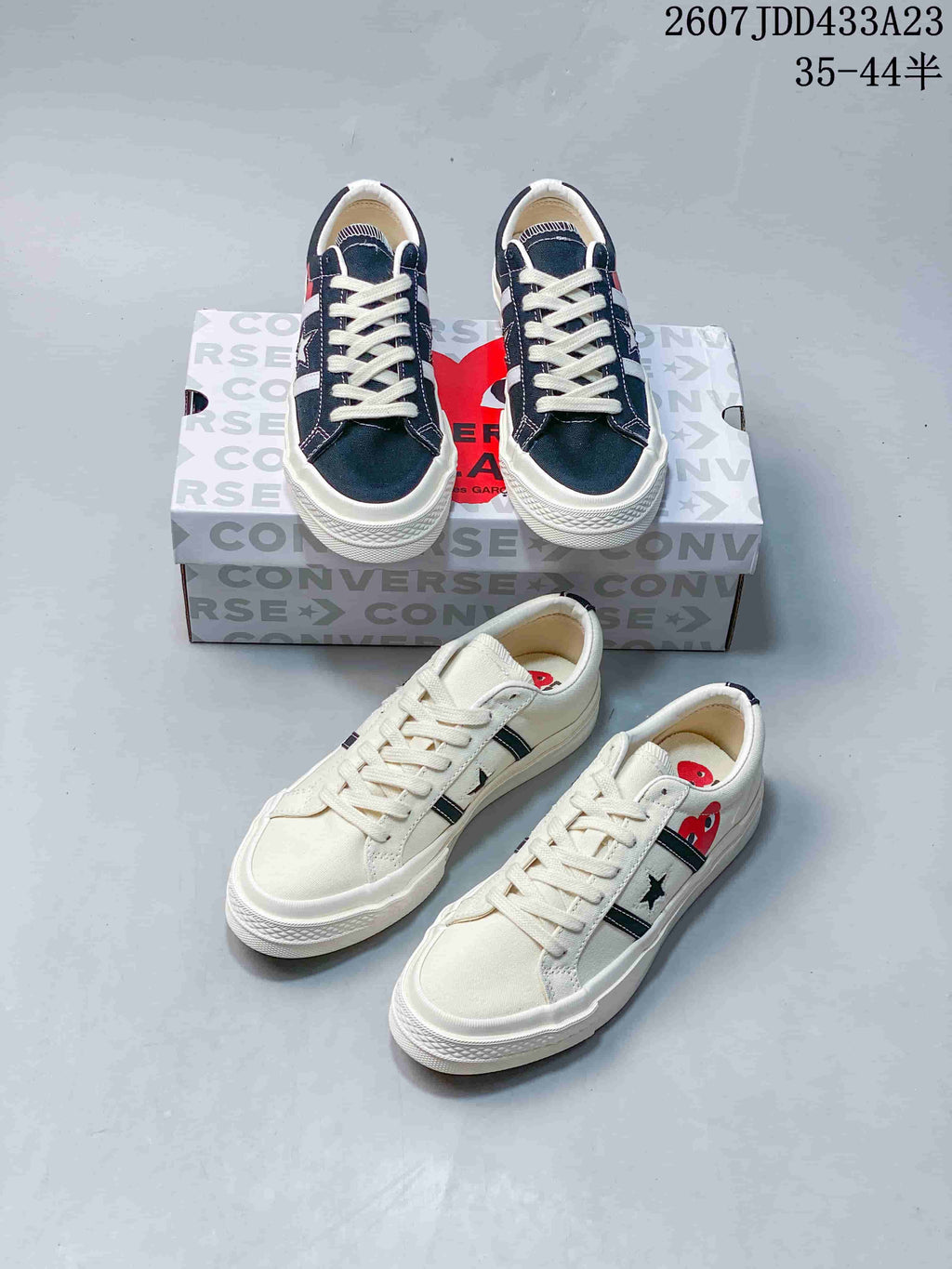 Navy and white sneaker colorways shown together with Converse-patterned boxes; image text lists style code 2607JDD433A23 and sizes 35–44 with half sizes.