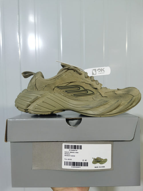 Beige 3K Company sneaker photographed on its box; the visible label reads Monday Suede, Full Beige, and E 41.