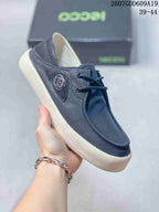 Close-up side view of a navy ECCO lace-up sneaker showing the side emblem, tonal laces and off-white sole; style code and size range are visible above.