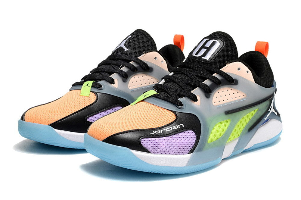 Pair of multicolor Jordan Heir shoes with orange and purple toe accents