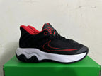 Side view of a black shoe with a red-outlined Swoosh and white midsole.