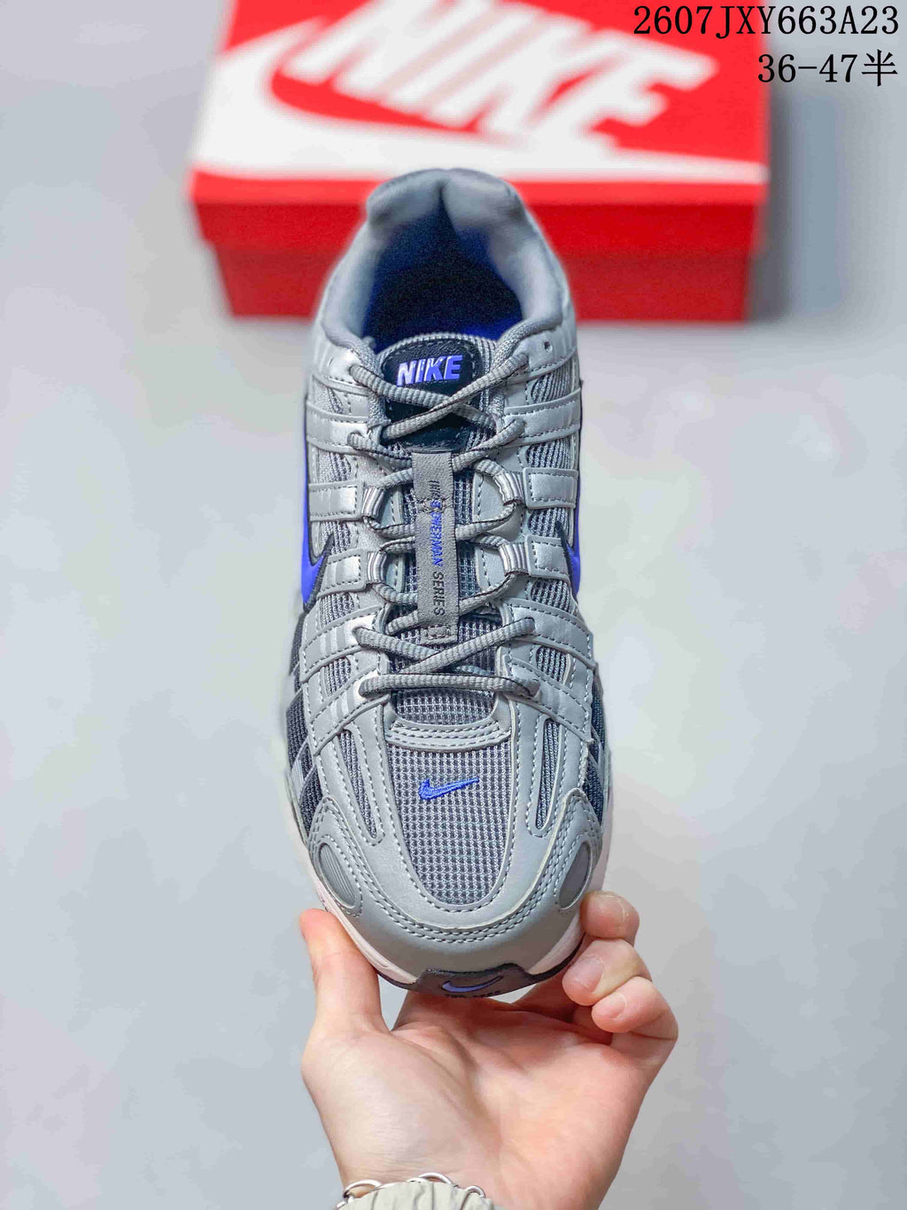 Top view of the gray and blue Nike P-6000 showing the lace-up design and layered toe area.