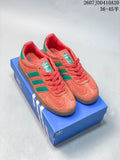 Pair of coral and green adidas sneakers displayed on a blue shoebox; overlay text shows style code 2607JDD410A20 and size range 36–45.