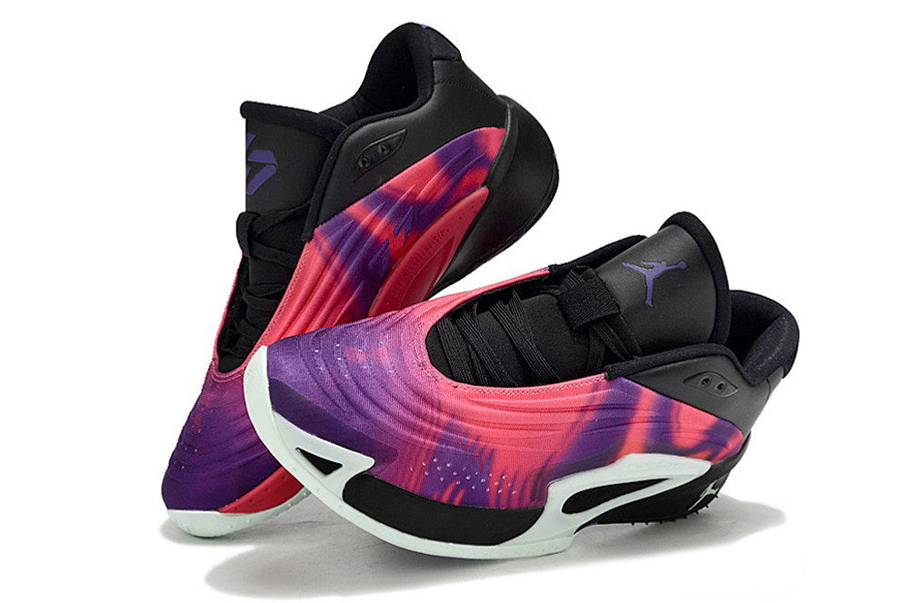 Black Jordan Luka 3 basketball shoes with purple, magenta, and red accents
