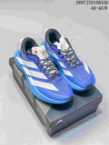 Blue and white adidas Adizero Evo SL ATR sneakers displayed on a shoebox; the image shows the code 2607JXD106A26 and size range text 40–45 with half sizes.