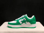 Side profile showing the green star graphic, white side panel, padded collar, and layered white midsole.