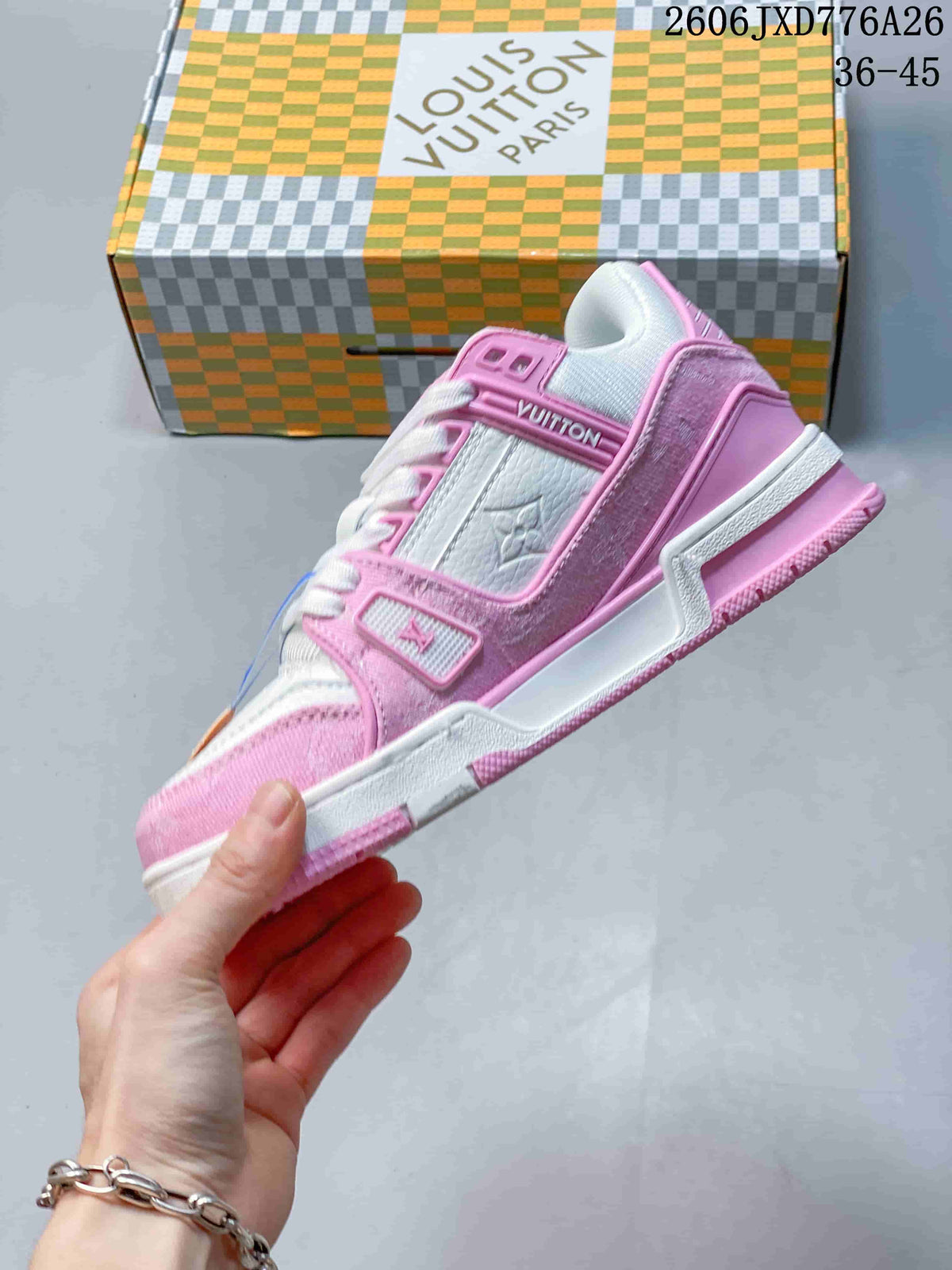 Side view showing pink and white layered panels and lace-up design