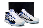 Pair of Nike KD 17 shoes in white, blue and black.