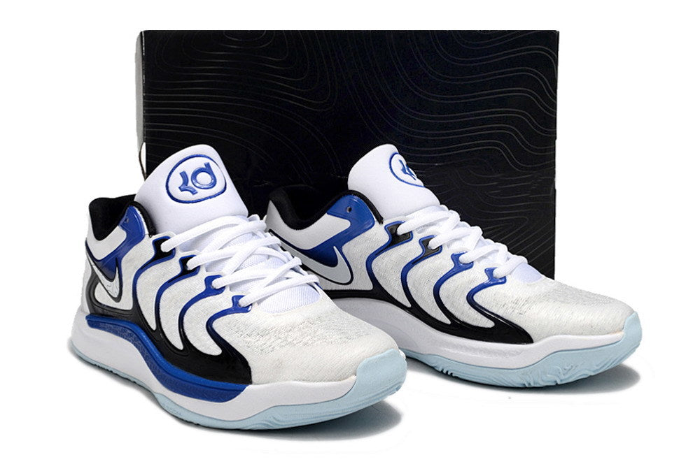 Pair of Nike KD 17 shoes in white, blue and black.