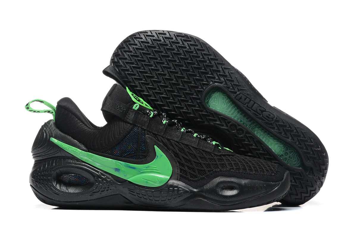 Black Nike Anthony basketball shoes with bright green accents, shown from the side and sole.