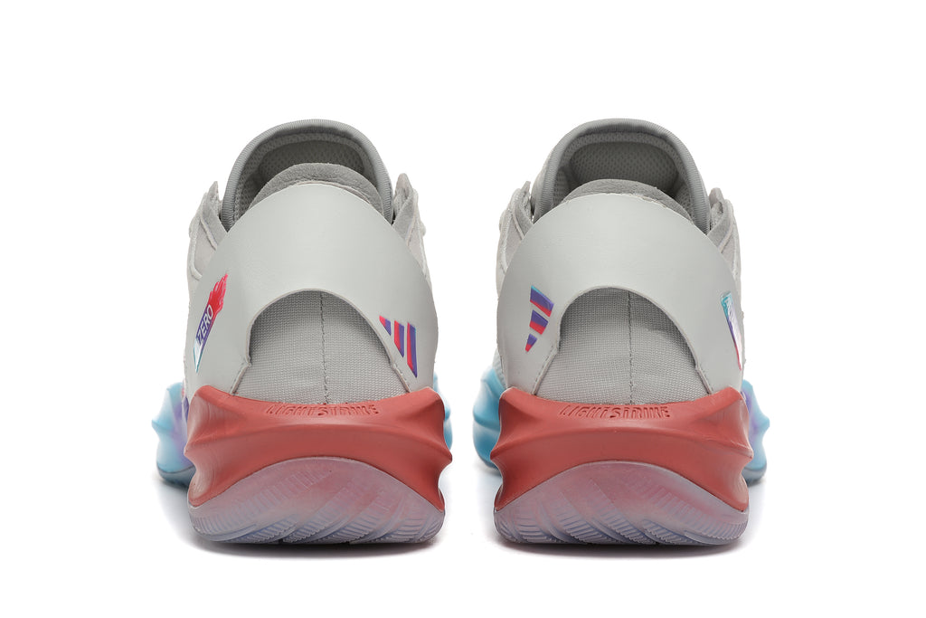 Rear view of light gray Adidas Adizero shoes with coral heel details