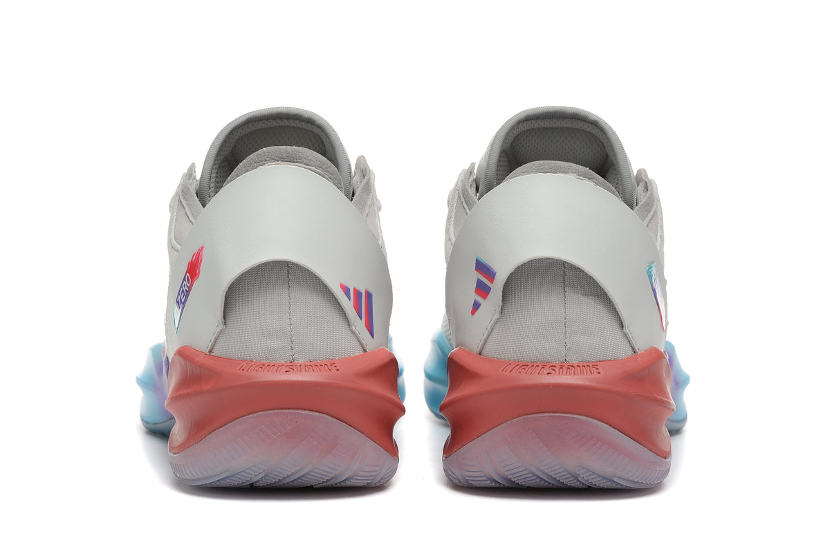 Rear view of light gray Adidas Adizero shoes with coral heel details