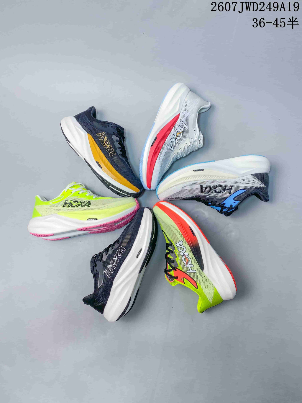 Six Hoka One One MAFATE X colorways arranged in a circular display.