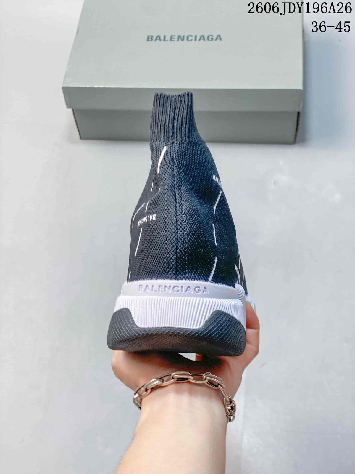 Rear view of a Balenciaga sock sneaker showing the ribbed ankle collar, heel branding, and layered sole.