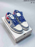 Pair of grey, off-white, red, and blue Air Jordan 1 Low sneakers on a box