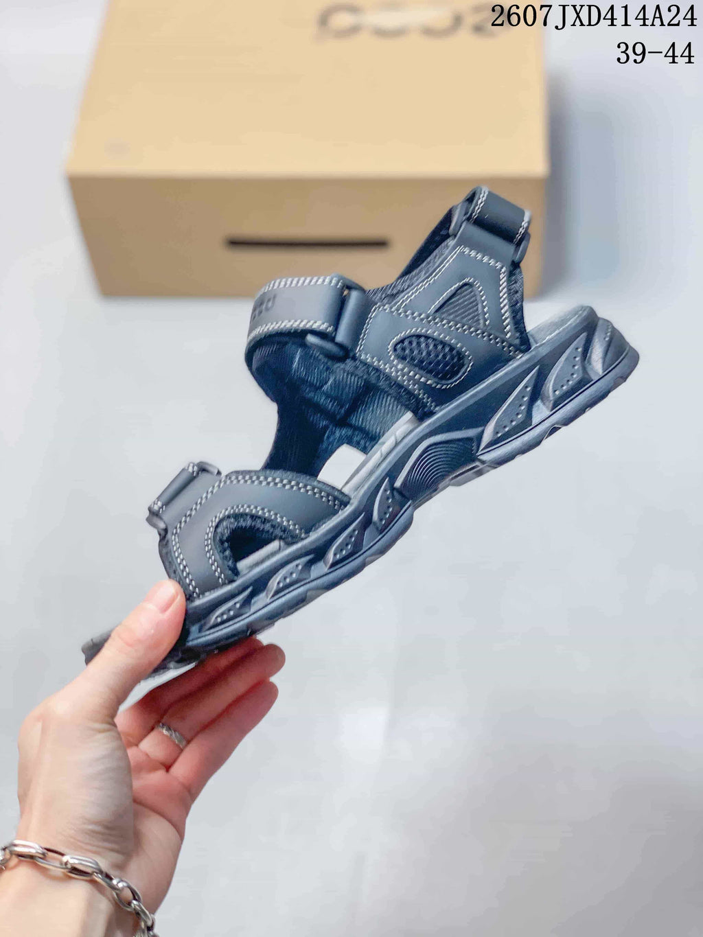 Side profile of the ECCO sandal showing the adjustable straps, open construction and textured outsole.