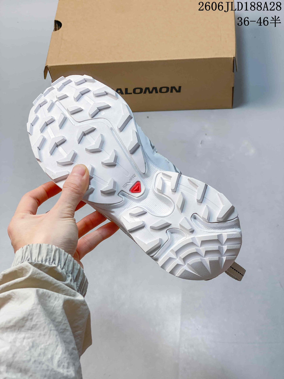 Underside view showing the shoes' lugged outsole