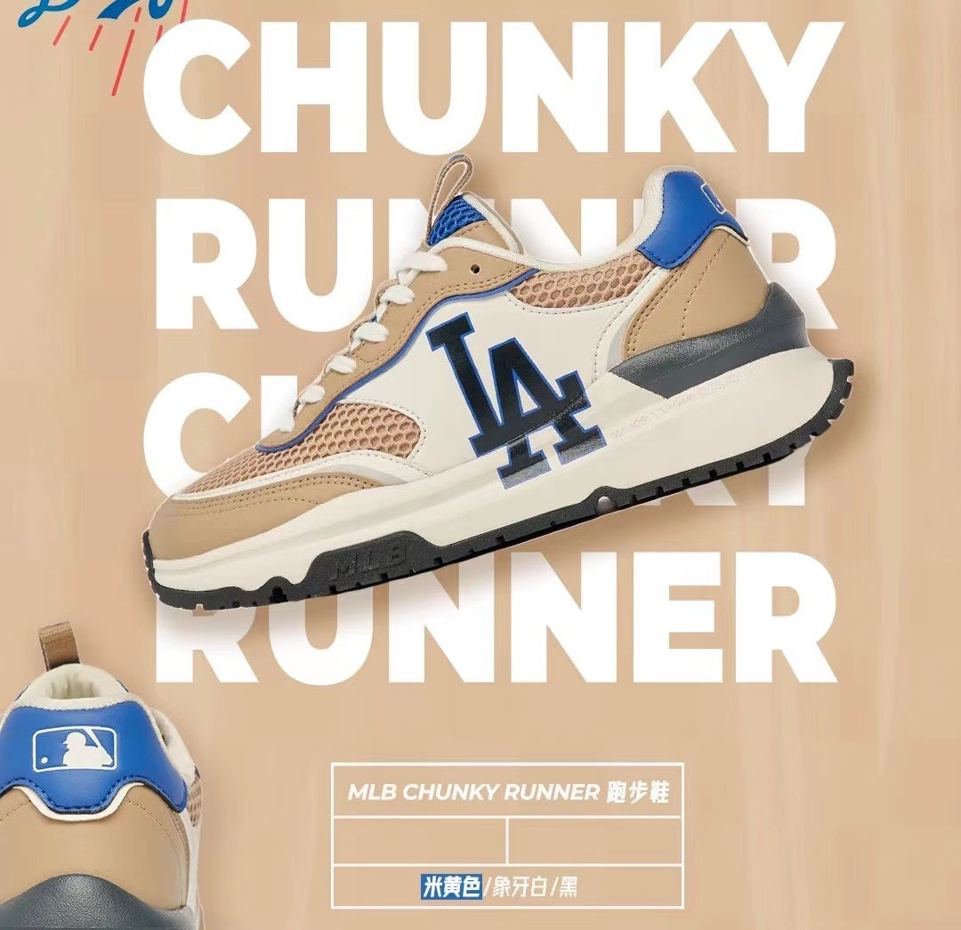 MLB Chunky Runner sneaker in beige, ivory and black with mesh panels, blue accents and a chunky textured outsole