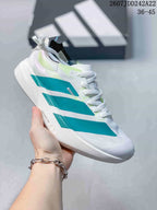 White Y-3 Adios Pro 4 sneaker with turquoise side overlays; image text shows JDD242A22 and sizes 36–45.