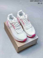 Pair of white and pink On Cloudnova 2 sneakers displayed on a shoebox, with the source image marking sizes 36–41.
