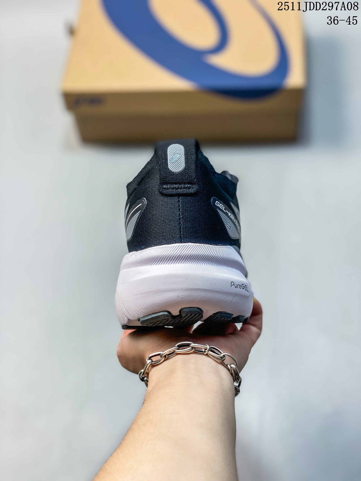 Rear view of the sneaker showing the padded heel, Asics detailing, and visible PureGEL marking on the white midsole.