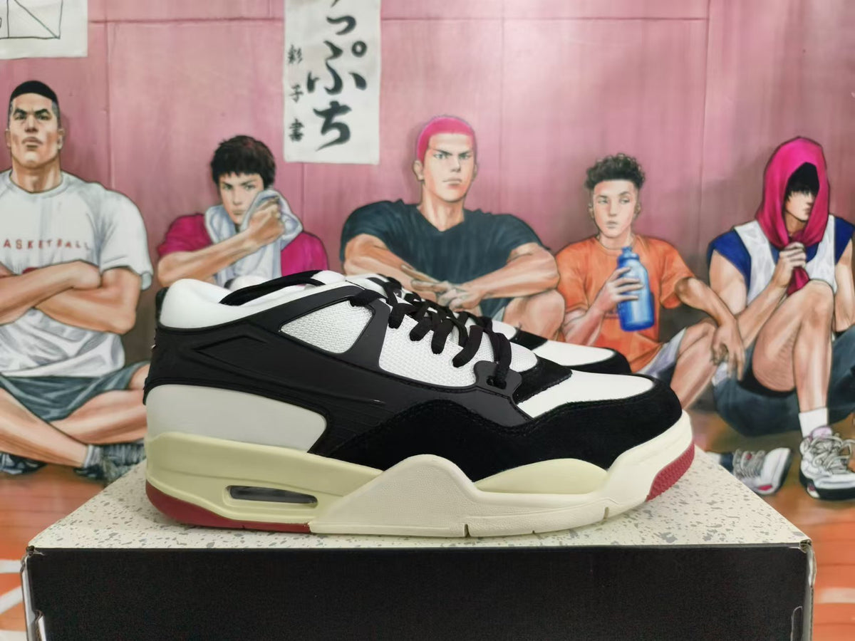 Side view showing the black and white sneaker upper and visible midsole cushioning window.