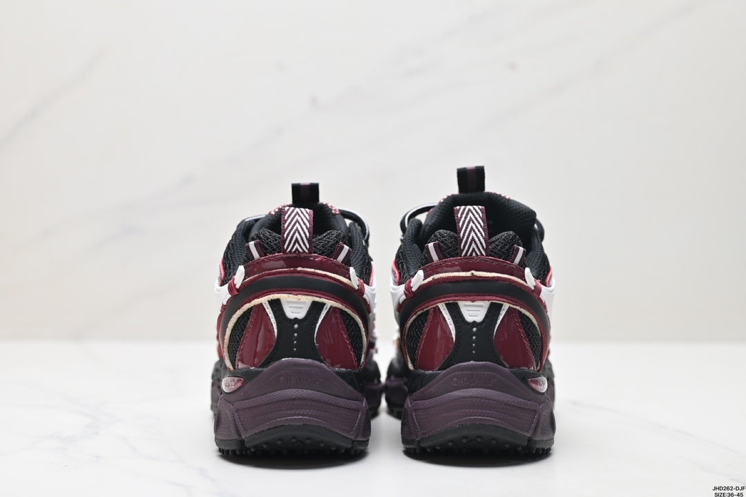 Rear view of the pair showing burgundy heel panels, black heel details, pull tabs, and chunky outsoles.