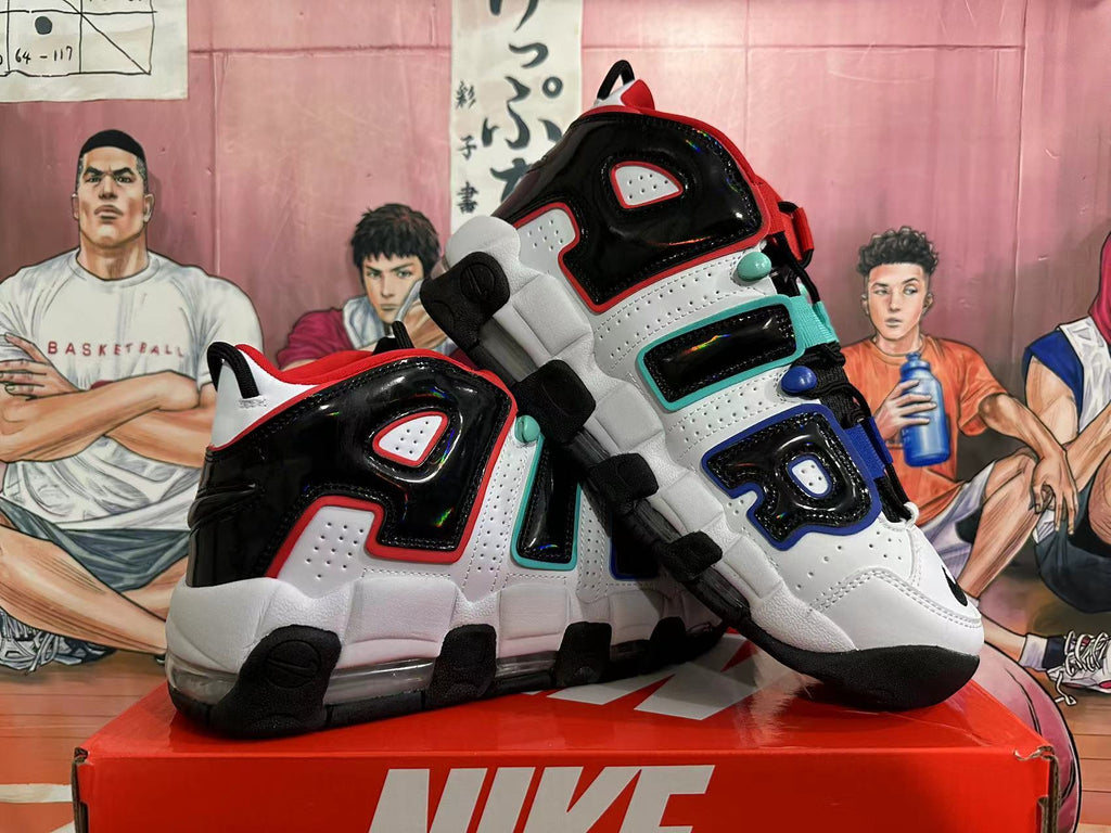 Pair of basketball sneakers displayed at an angle, showing the AIR side design and multicolor accents.
