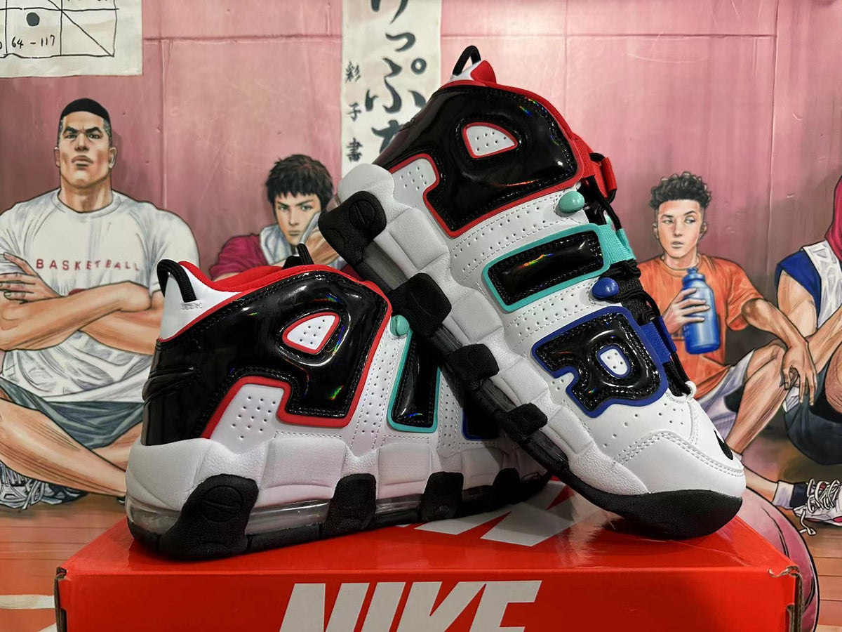 Pair of basketball sneakers displayed at an angle, showing the AIR side design and multicolor accents.