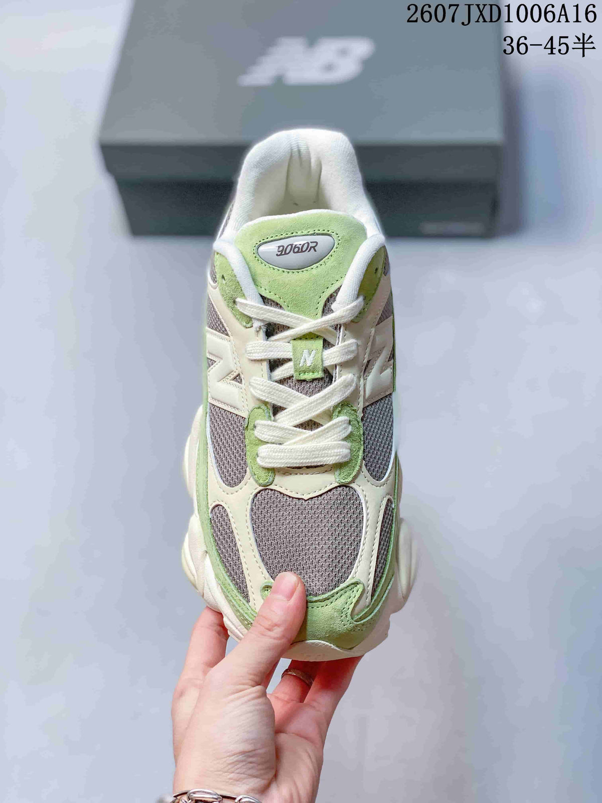 Top view of the sneaker showing gray mesh, green and cream overlays, white laces, and the 9060R tongue marking.