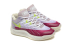 Pair of Nike KD basketball shoes in purple, pink, lime, and cream, shown from the front three-quarter angle