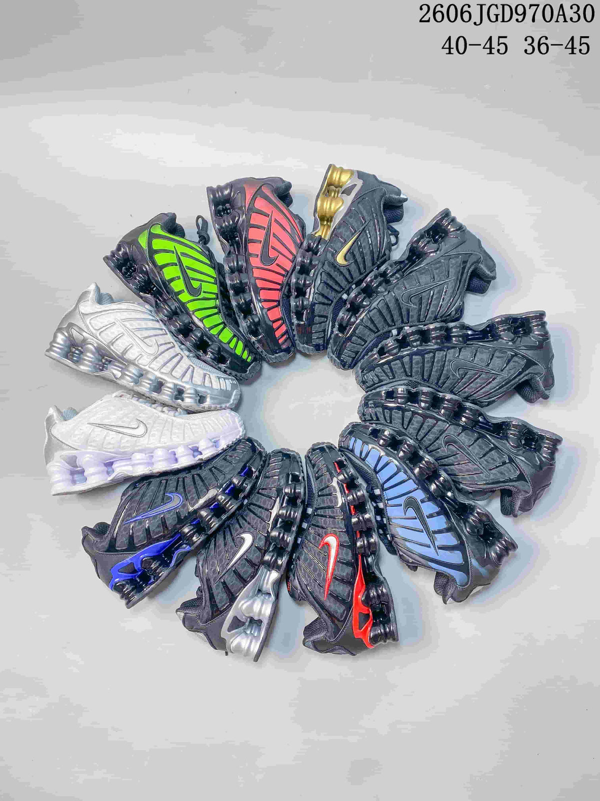 Several Nike Shox TL sneakers arranged to show assorted color variations