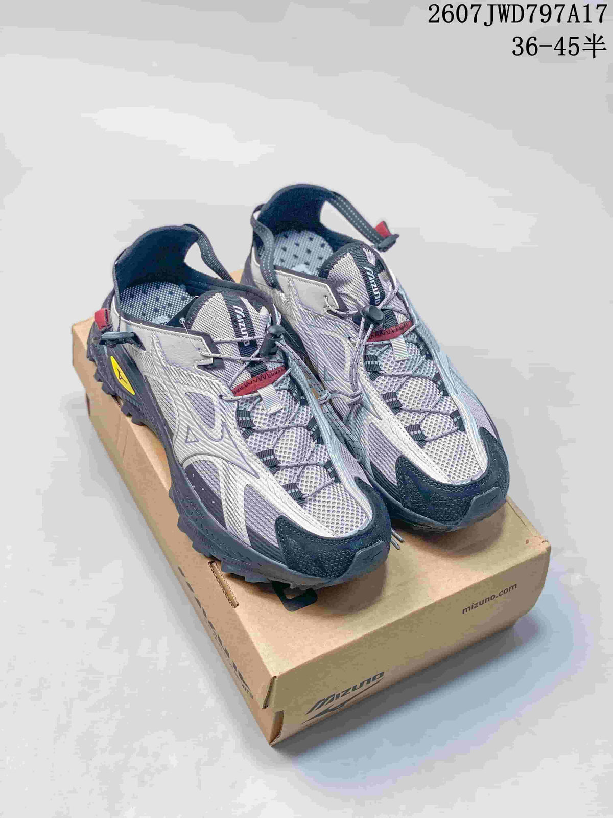 Pair of silver and black Mizuno sneakers displayed on a shoebox; model code 2607JWD797A17 and size range 36–45 are visible.