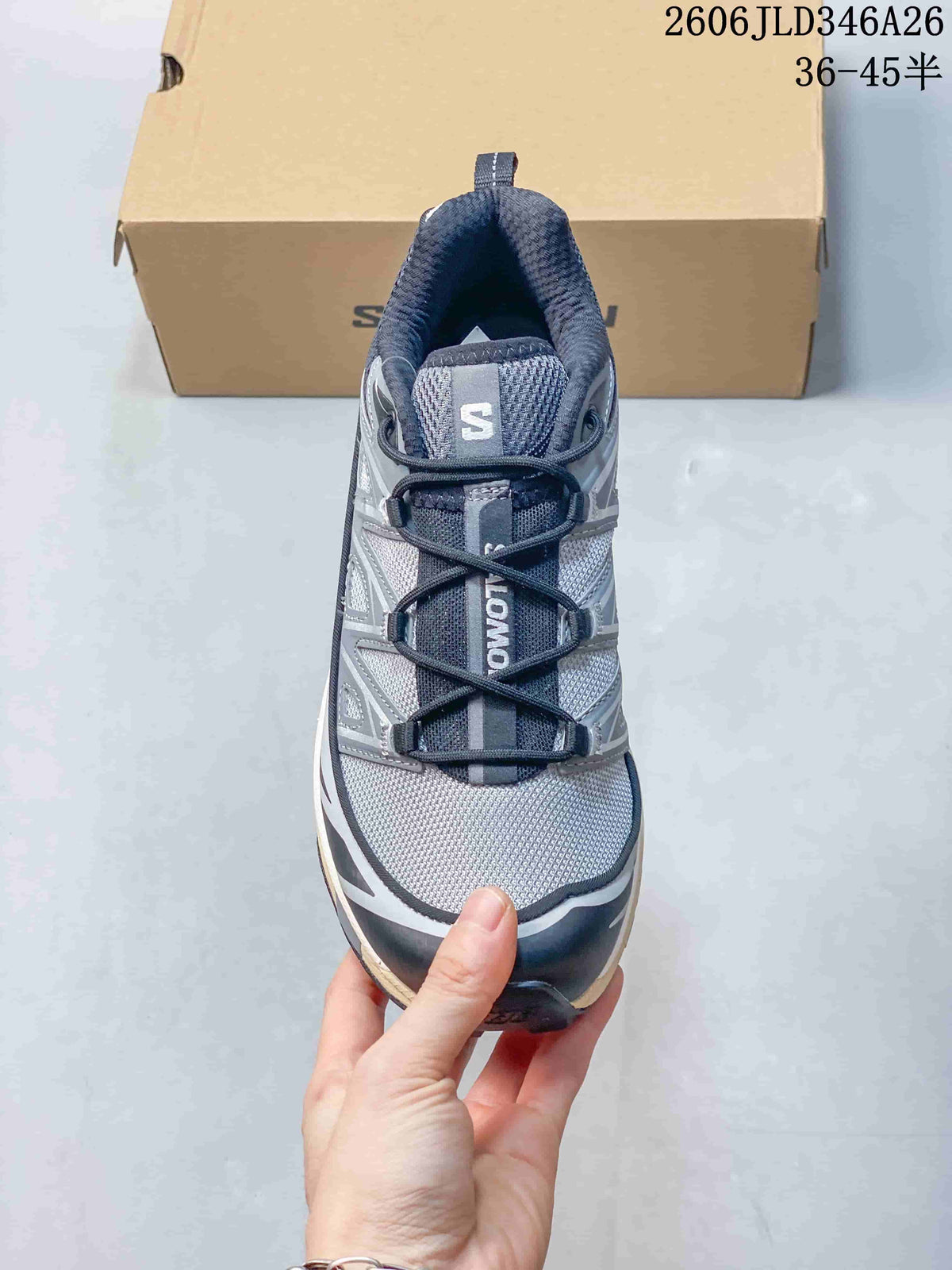 Top view of a gray Salomon XT-6 sneaker with cord-style lacing