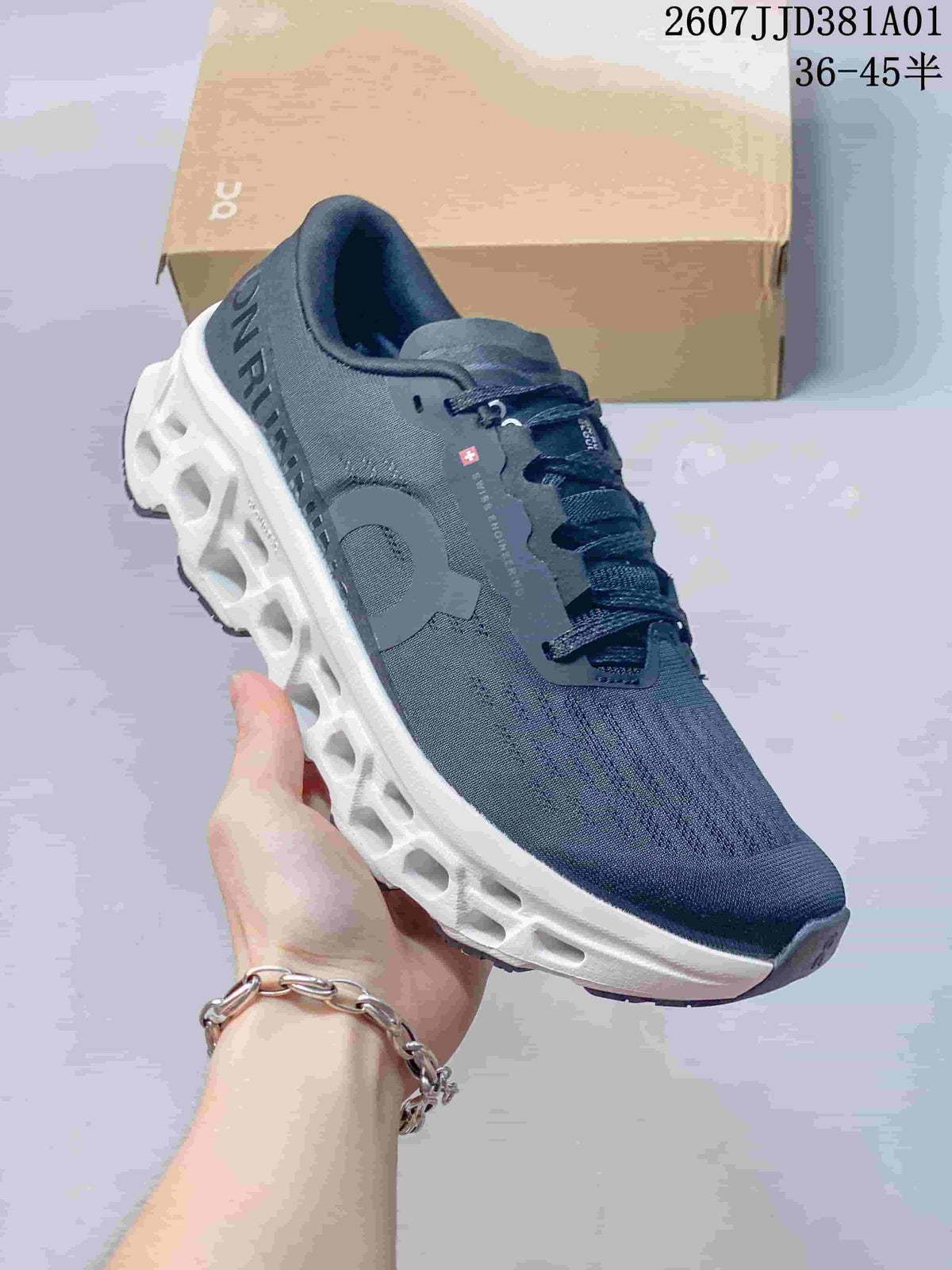 Angled side view of the shoe showing the upper, branding and sculpted white sole.