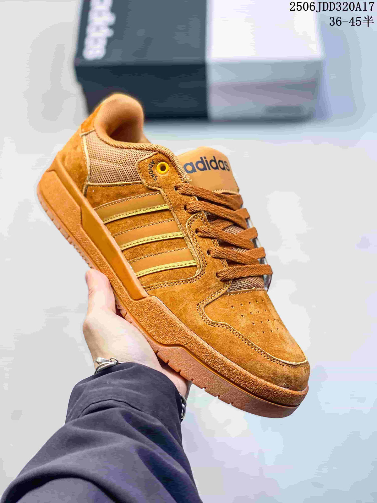 Brown adidas Entrap sneaker with tonal side stripes and a gum-colored outsole.