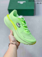 Neon green Lacoste Neo Run low-top sneaker with a lace-up front, perforated-looking upper, and contrasting sole accents; size range text 36–45 is visible.