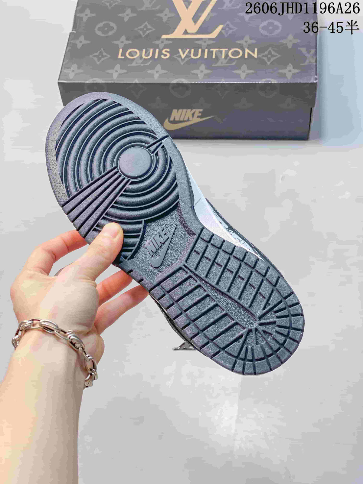 Outsole view of a grey Nike SB Dunk Low sneaker