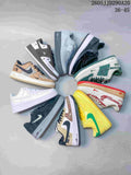 Several Nike Air Force 1-style sneakers arranged in a circle, showing assorted colorways and the printed range 36–45.