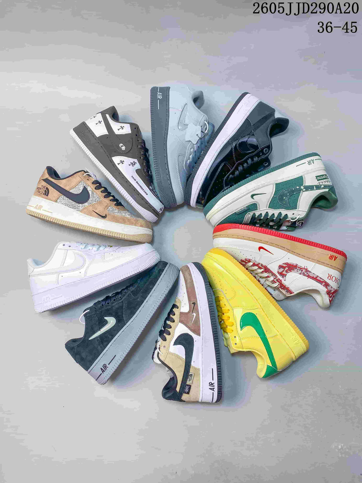 Several Nike Air Force 1-style sneakers arranged in a circle, showing assorted colorways and the printed range 36–45.