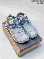 Blue The North Face Cedar Measa sandals displayed on a shoebox, with the product code and size range overlaid above.