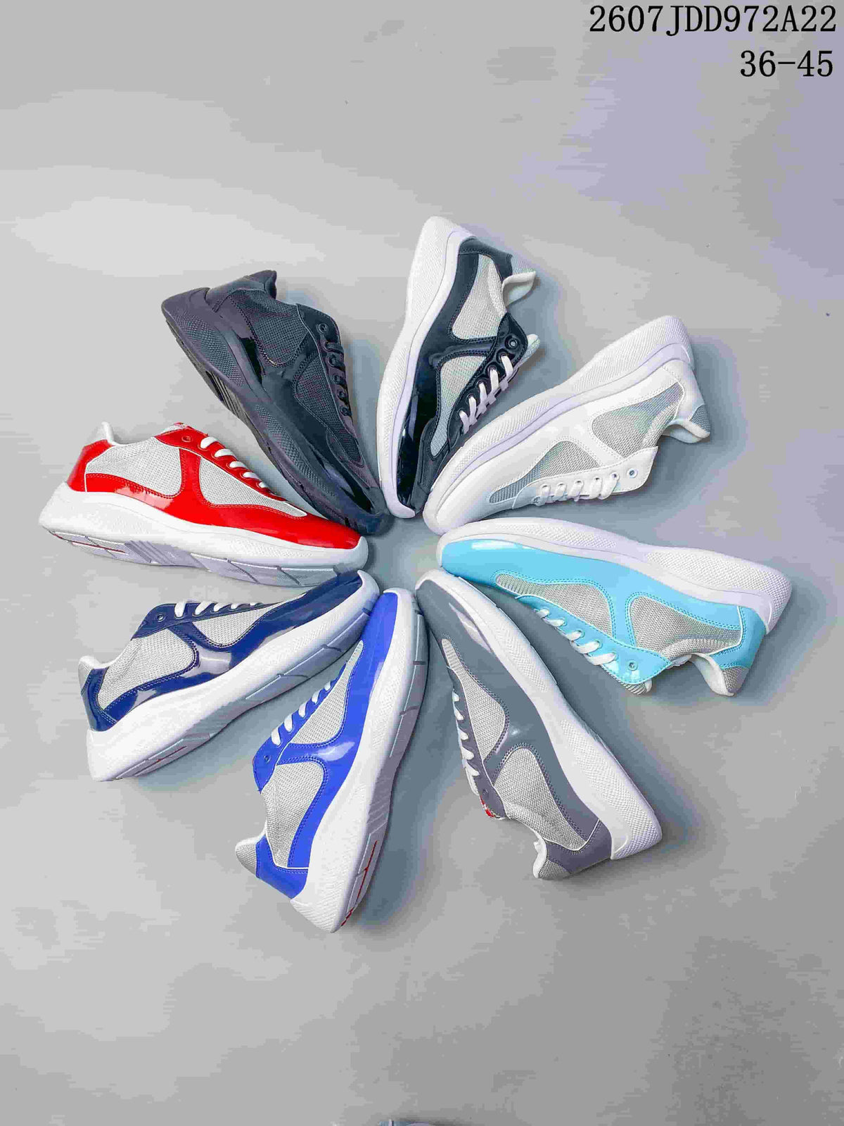 Several color options of the Prada America's Cup low-top sneaker arranged in a circular display.