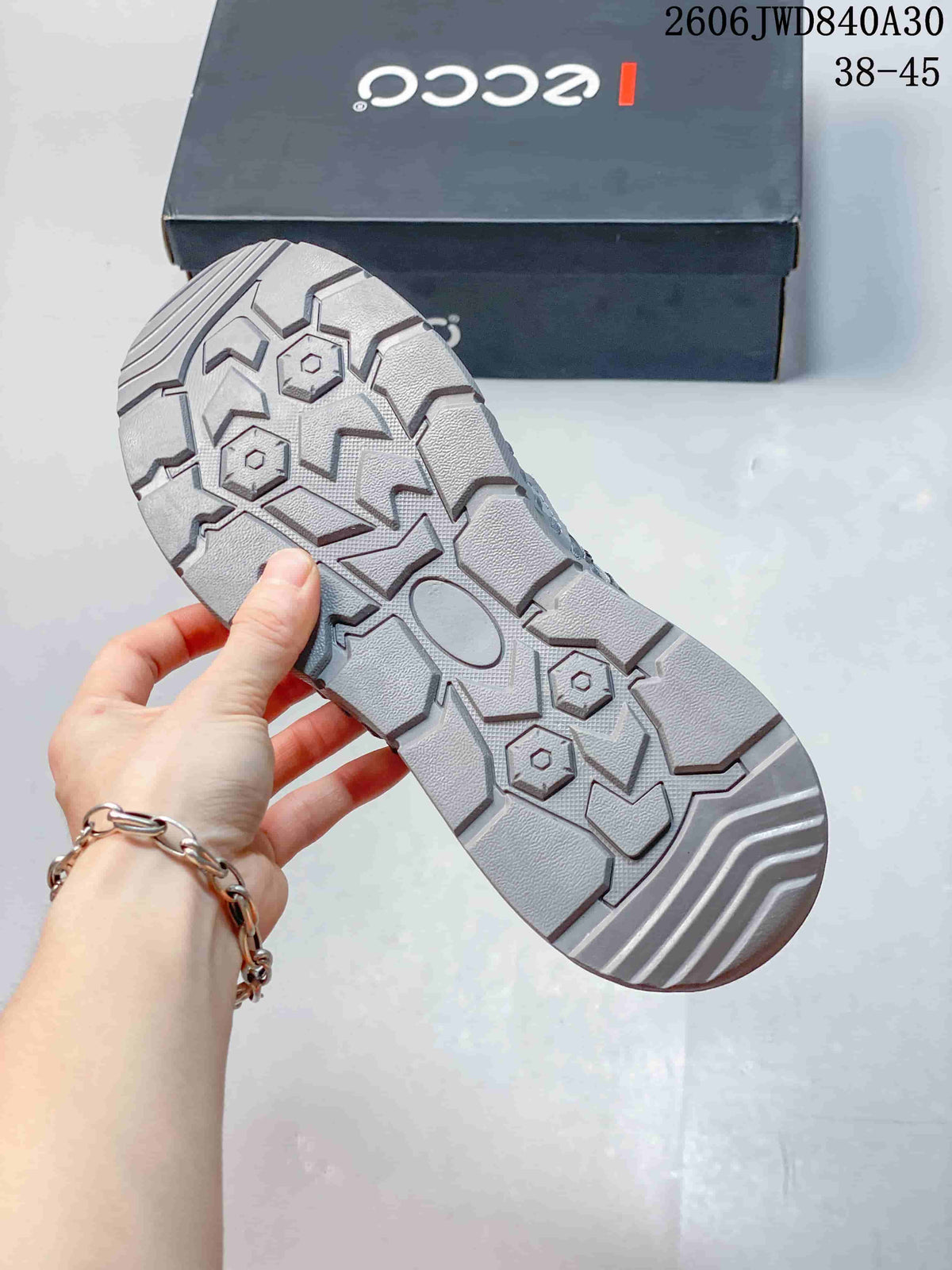 Close-up of the gray sneaker outsole and textured tread