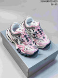 Pair of white, pink, and gray Balenciaga Track 2 sneakers on a box; an image overlay shows a 36–45 size range.