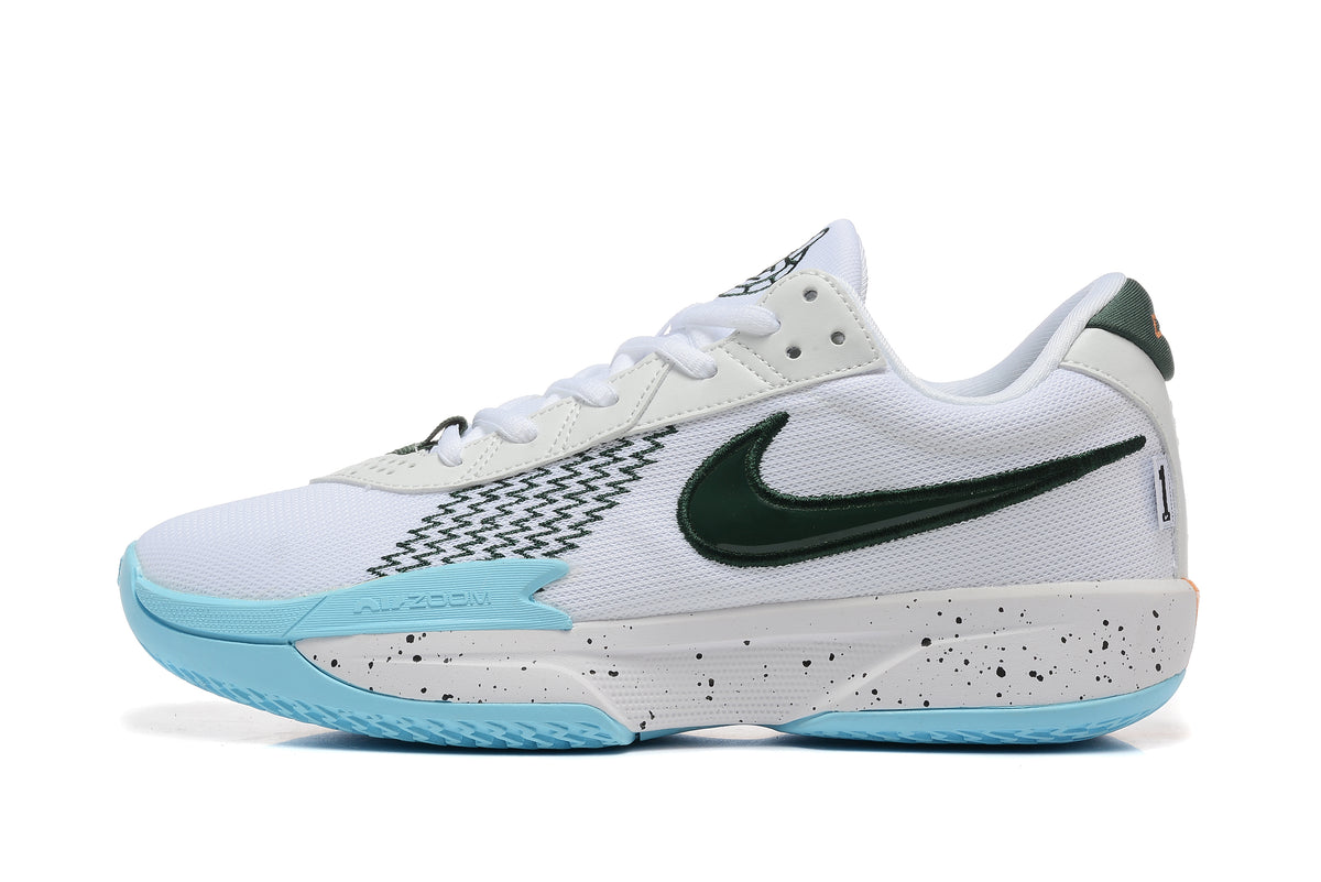 Side profile of a white basketball shoe with a dark green Swoosh, light blue outsole accents, and speckled midsole.