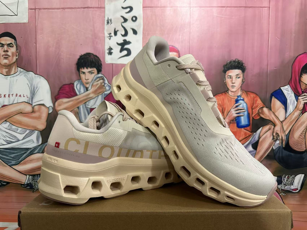 Angled view of beige sneakers highlighting their lace-up design and open-cavity soles
