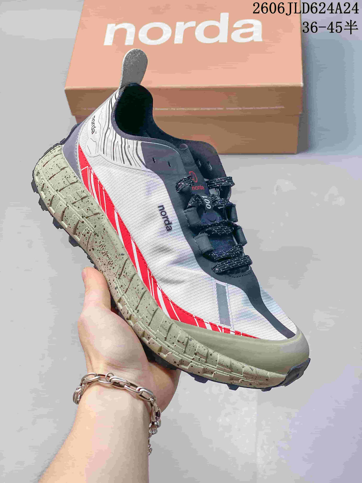 Angled side view of a Norda 001 trail shoe with a rugged outsole.