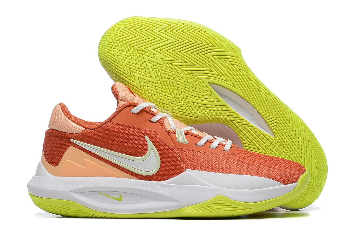 Orange, white, and bright yellow-green basketball shoe shown beside its tread.