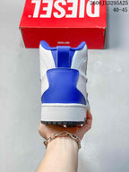 Rear view of the white and blue high-top sneaker